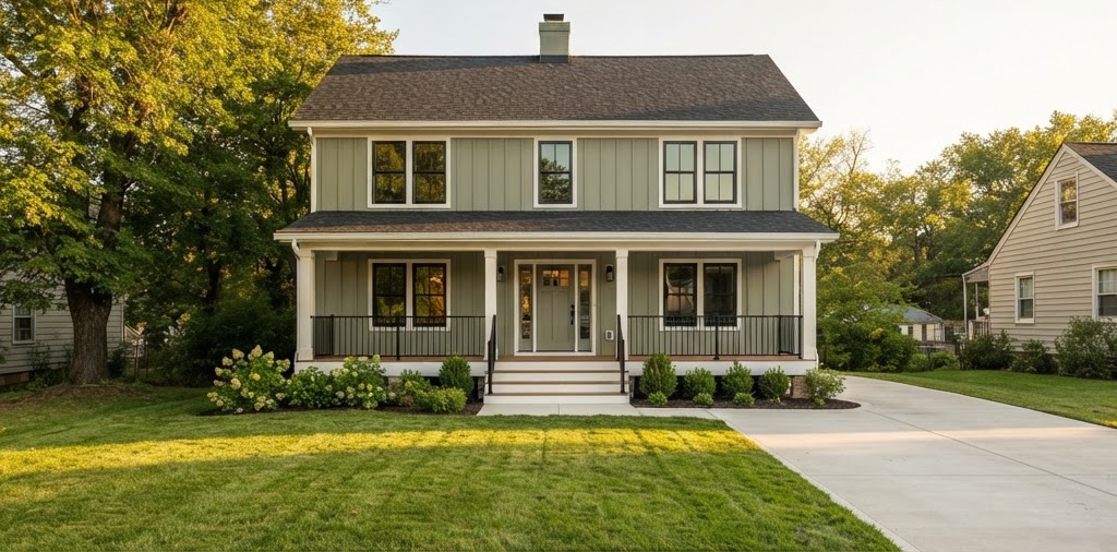 The home after renovation, with new siding, windows, deck and door