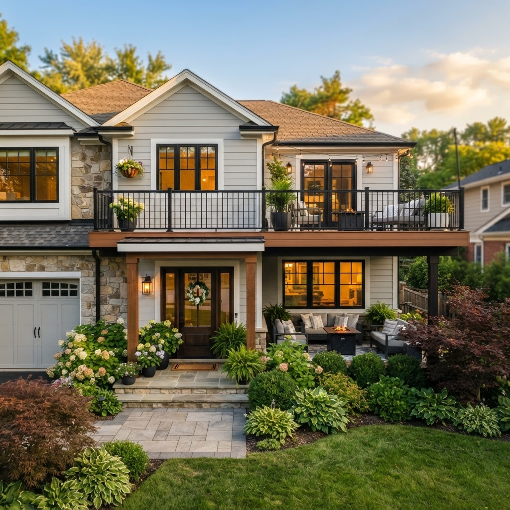 A beautifully renovated home exterior at golden hour with a new deck and windows